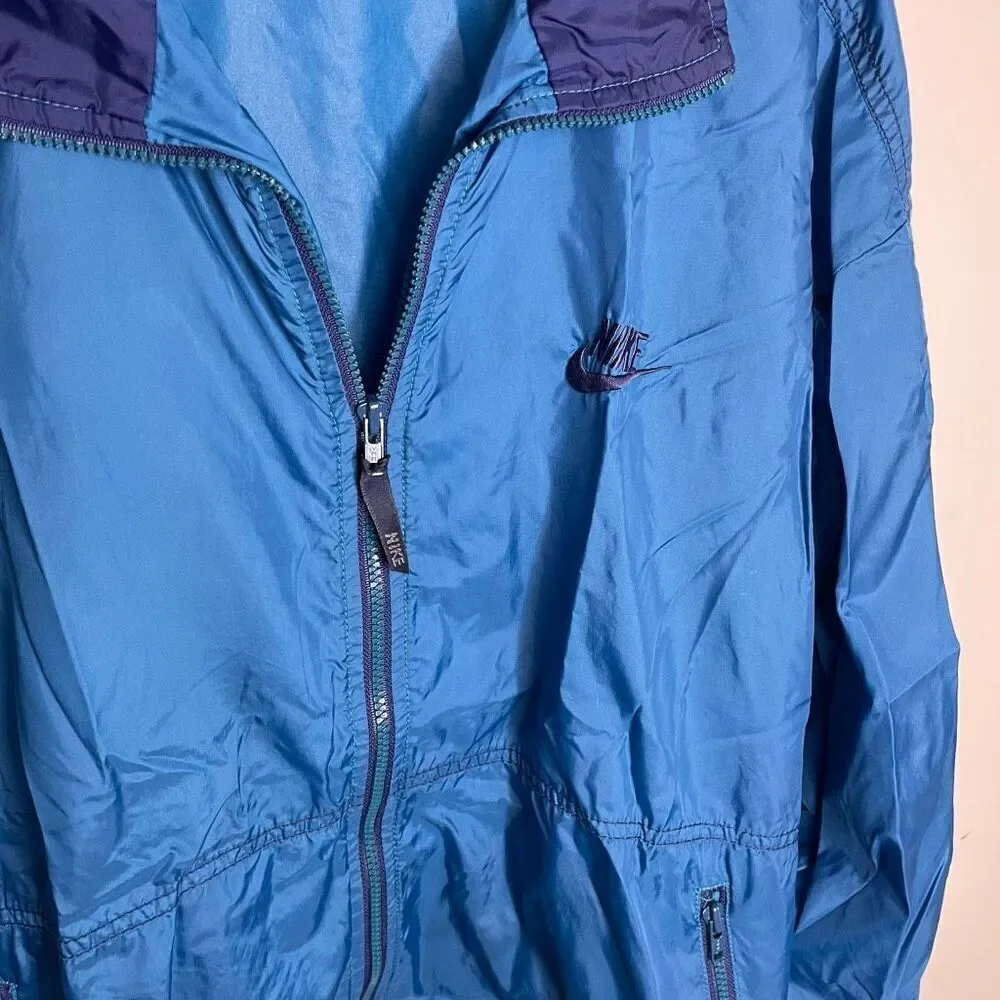 VTG 90’s Nike Full Zip Windbreaker Jacket Teal Navy Blue Nylon Zip Size Medium M